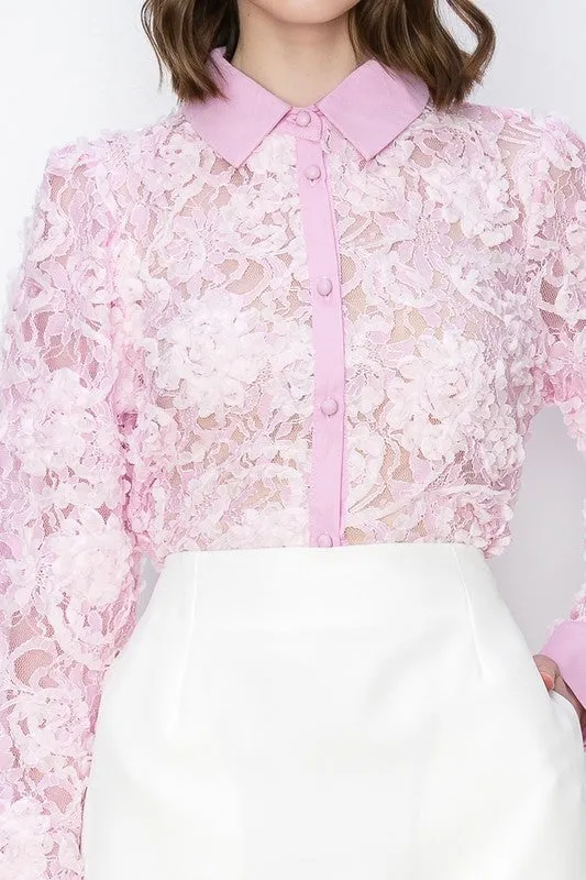 Lavender Long Sleeves Floral Lace Shirt Top