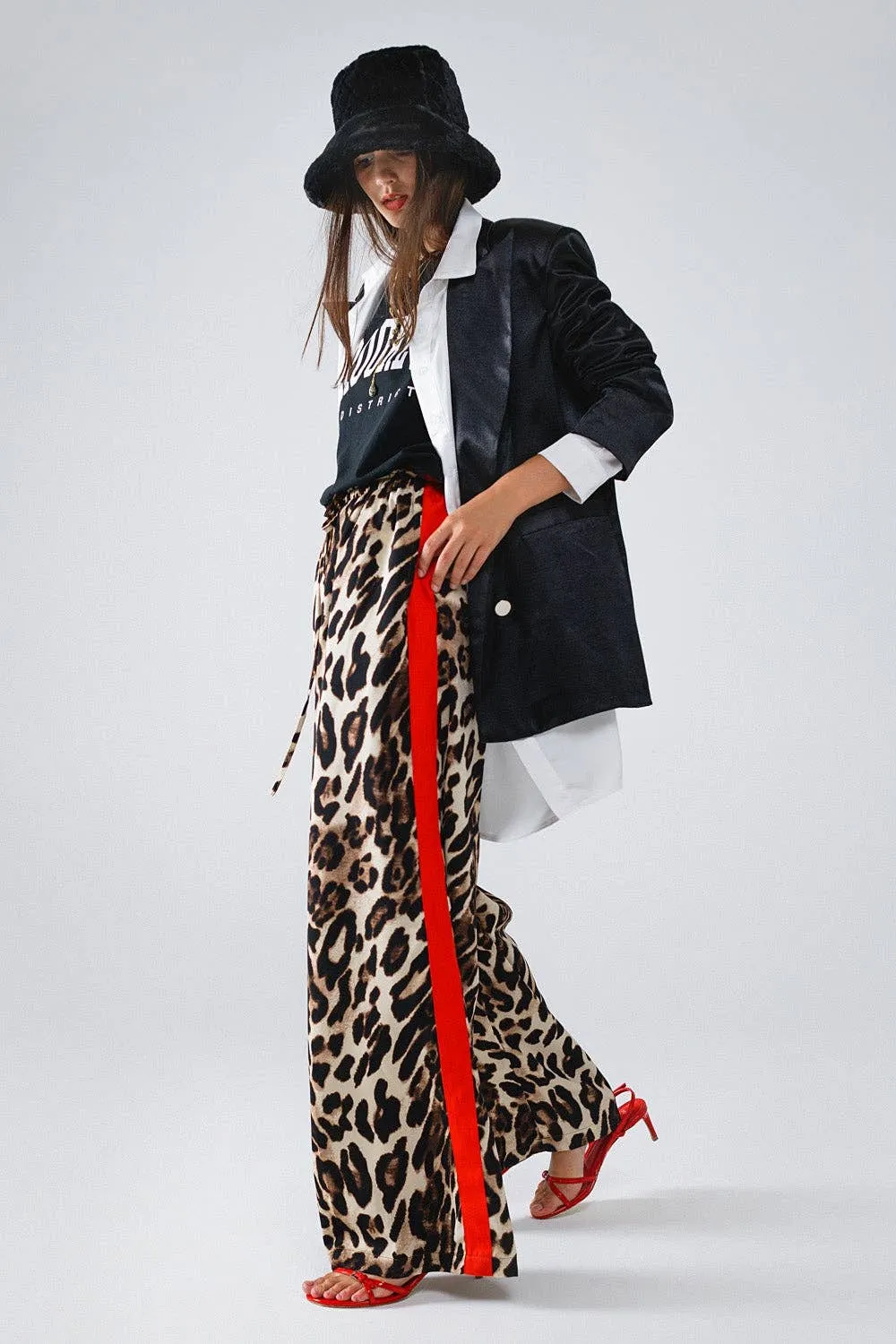 Leopard Straight Pants With Red Stripes Down The Sides