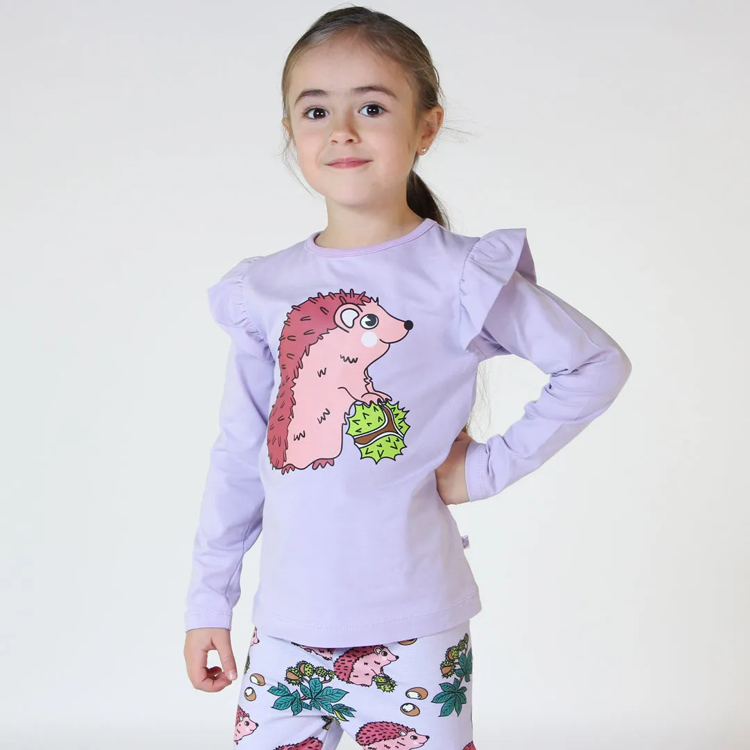 Long sleeved frill t-shirt- hedgehog, orchid petal