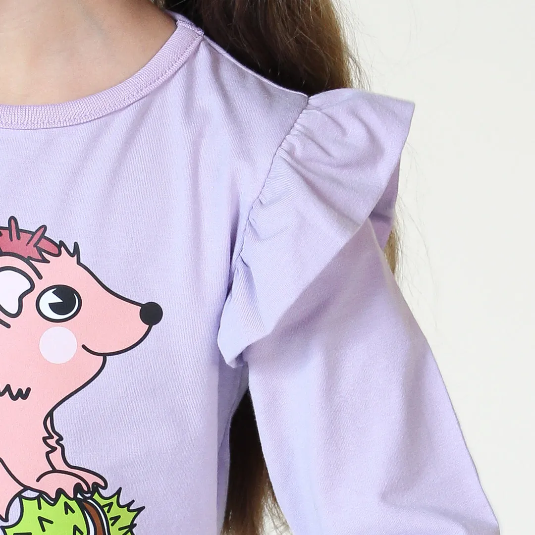 Long sleeved frill t-shirt- hedgehog, orchid petal