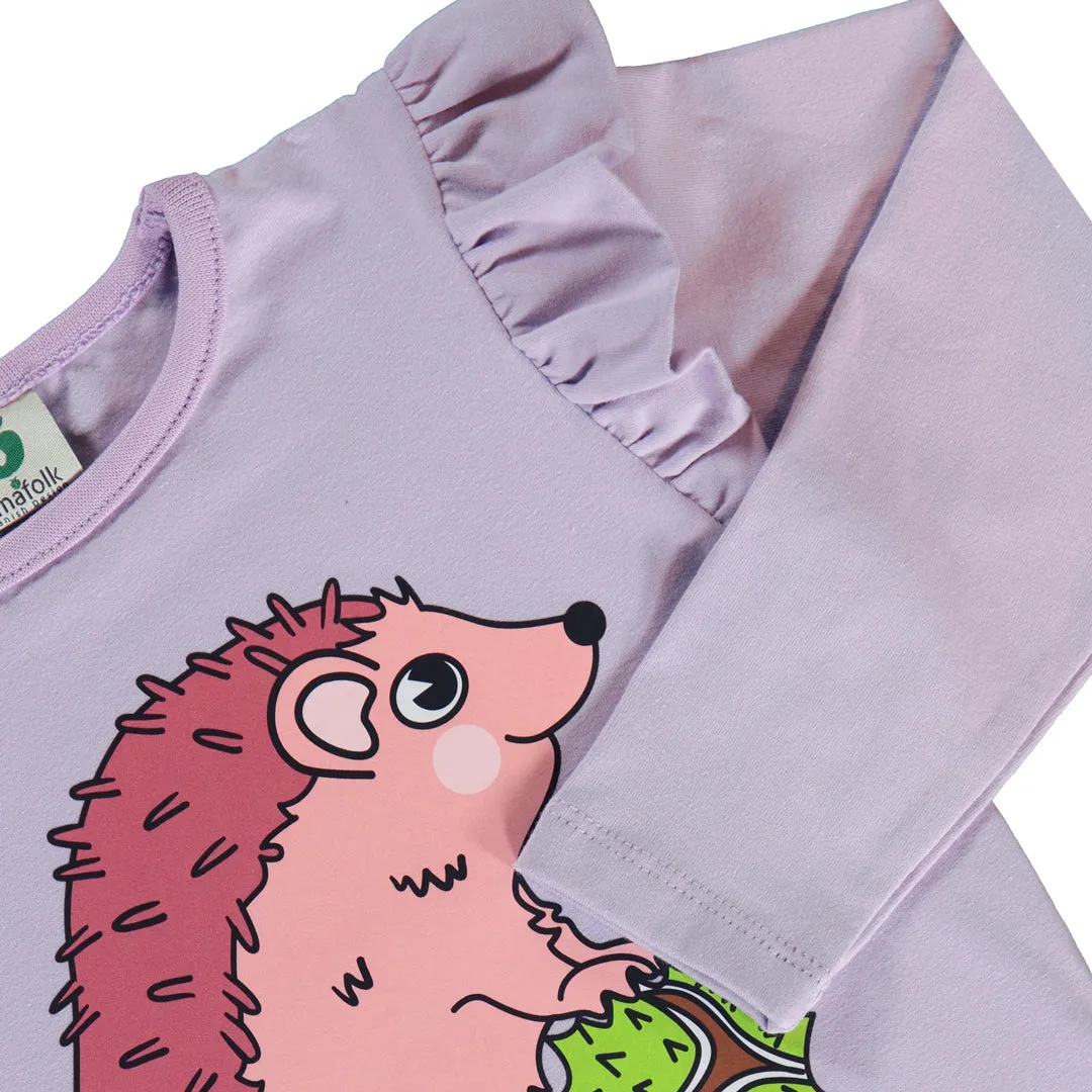 Long sleeved frill t-shirt- hedgehog, orchid petal