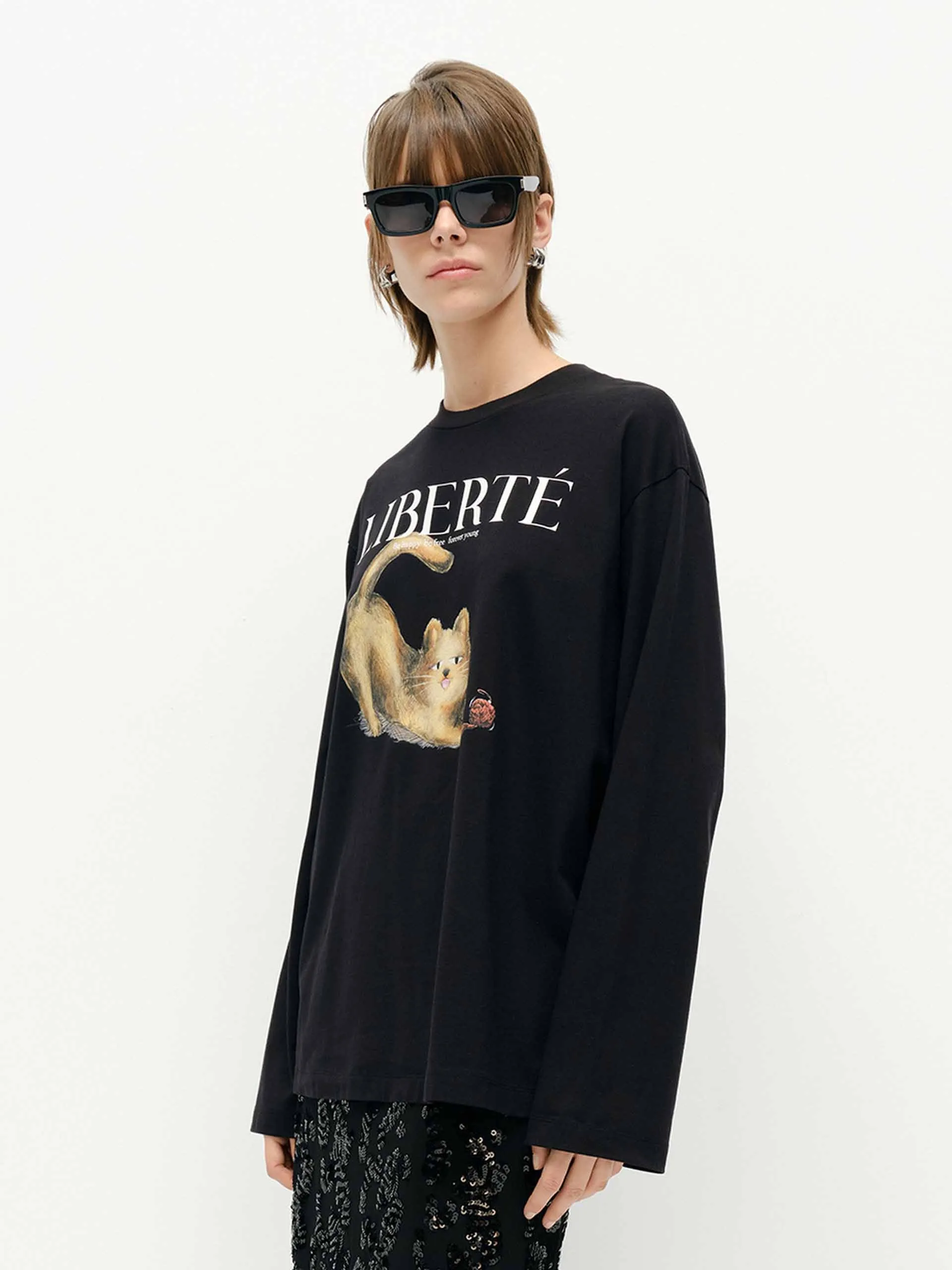 Loose Cat Print T-shirt