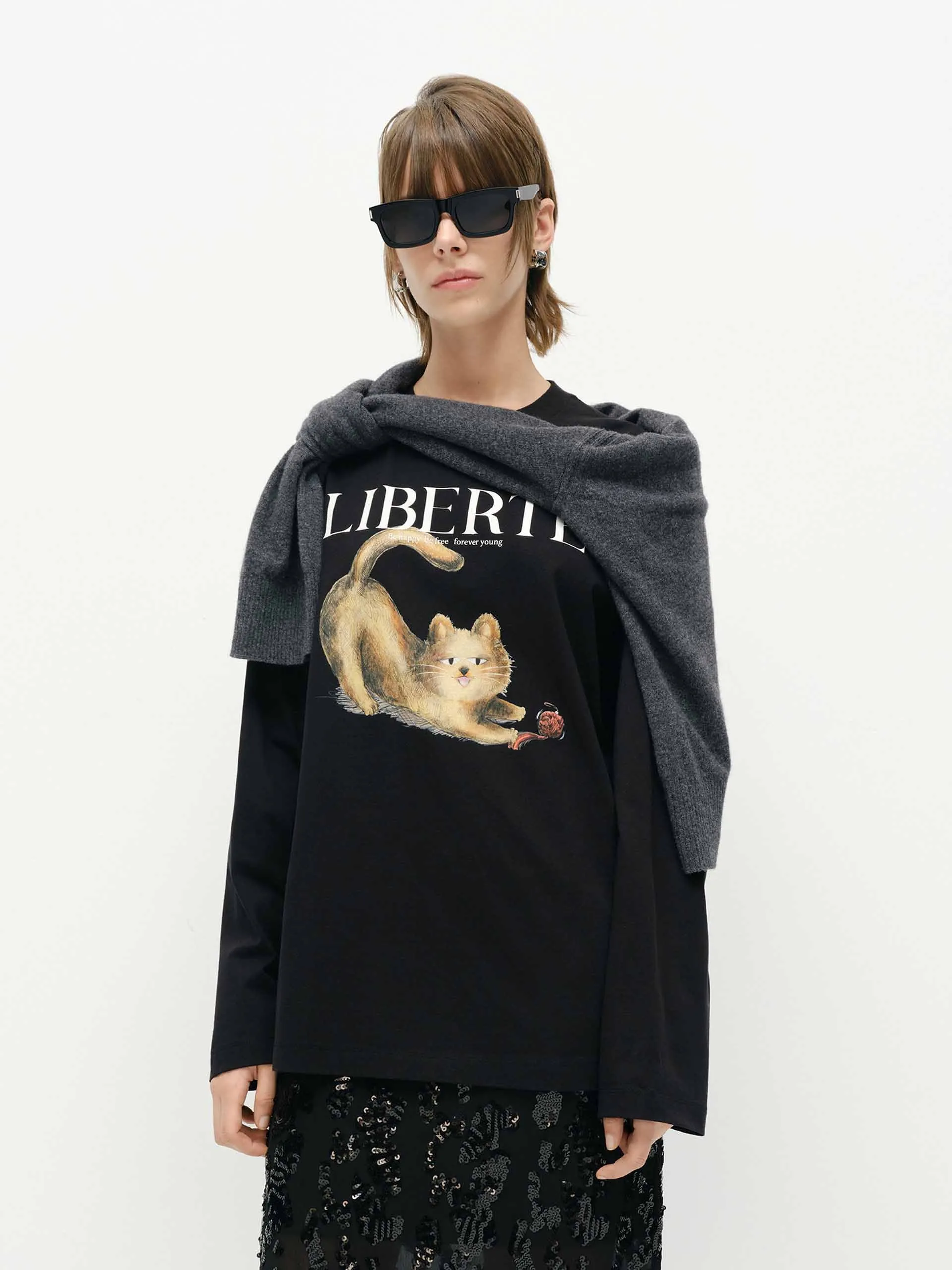 Loose Cat Print T-shirt