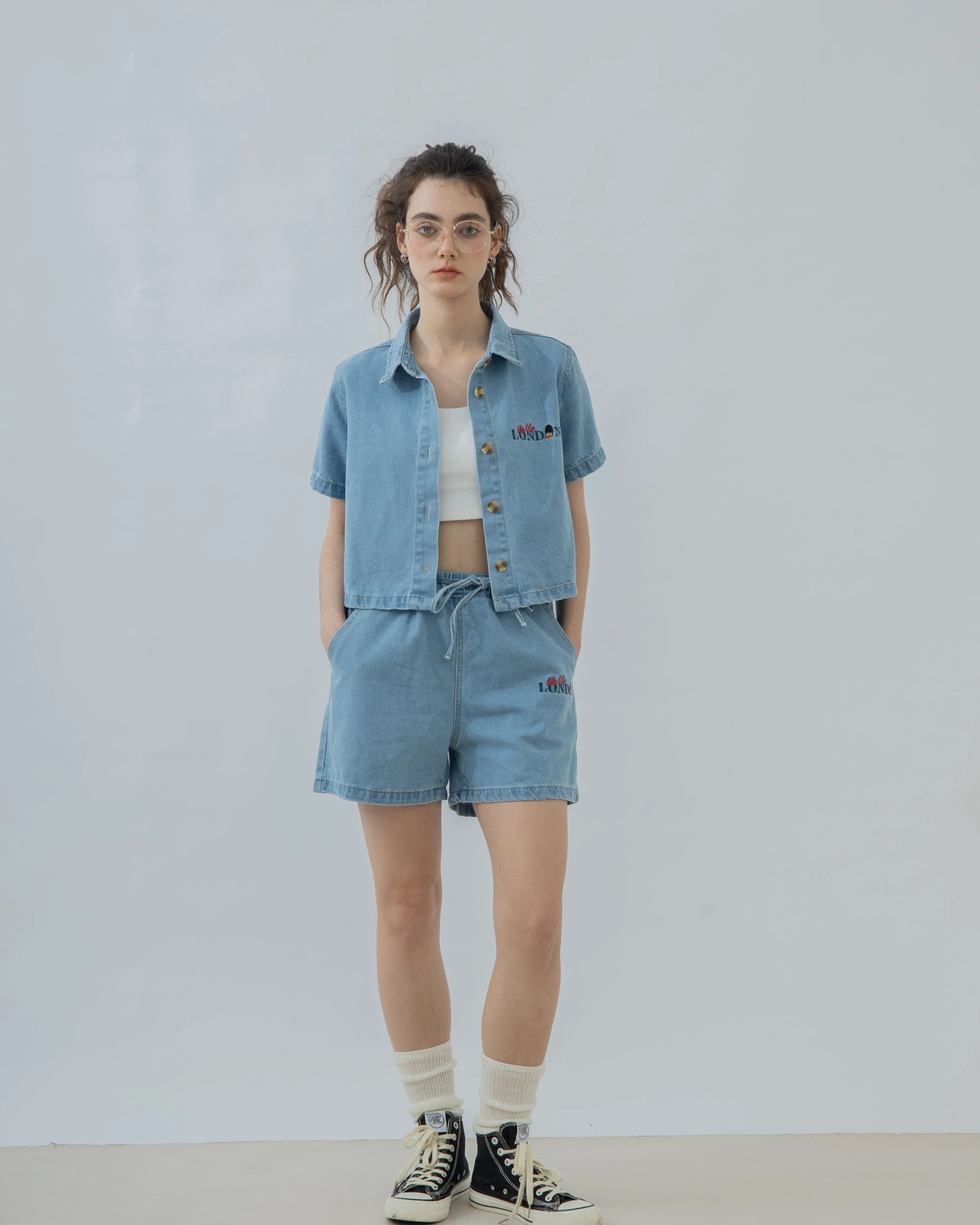 LULU Hello London Drawstring Denim Shorts (Denim)
