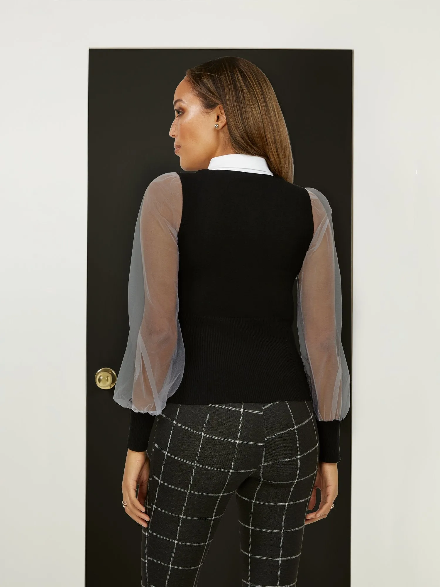Mesh-Sleeve Tank Sweater