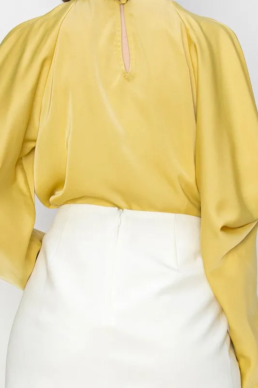 Mustard Draped Cold Shoulder Long Sleeves Blouse Top