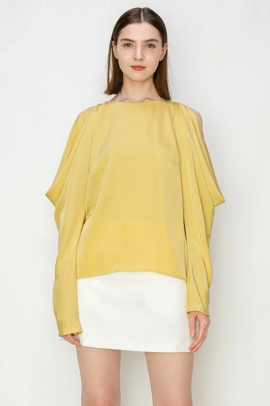 Mustard Draped Cold Shoulder Long Sleeves Blouse Top