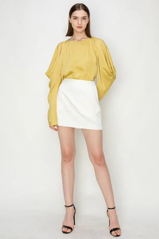 Mustard Draped Cold Shoulder Long Sleeves Blouse Top