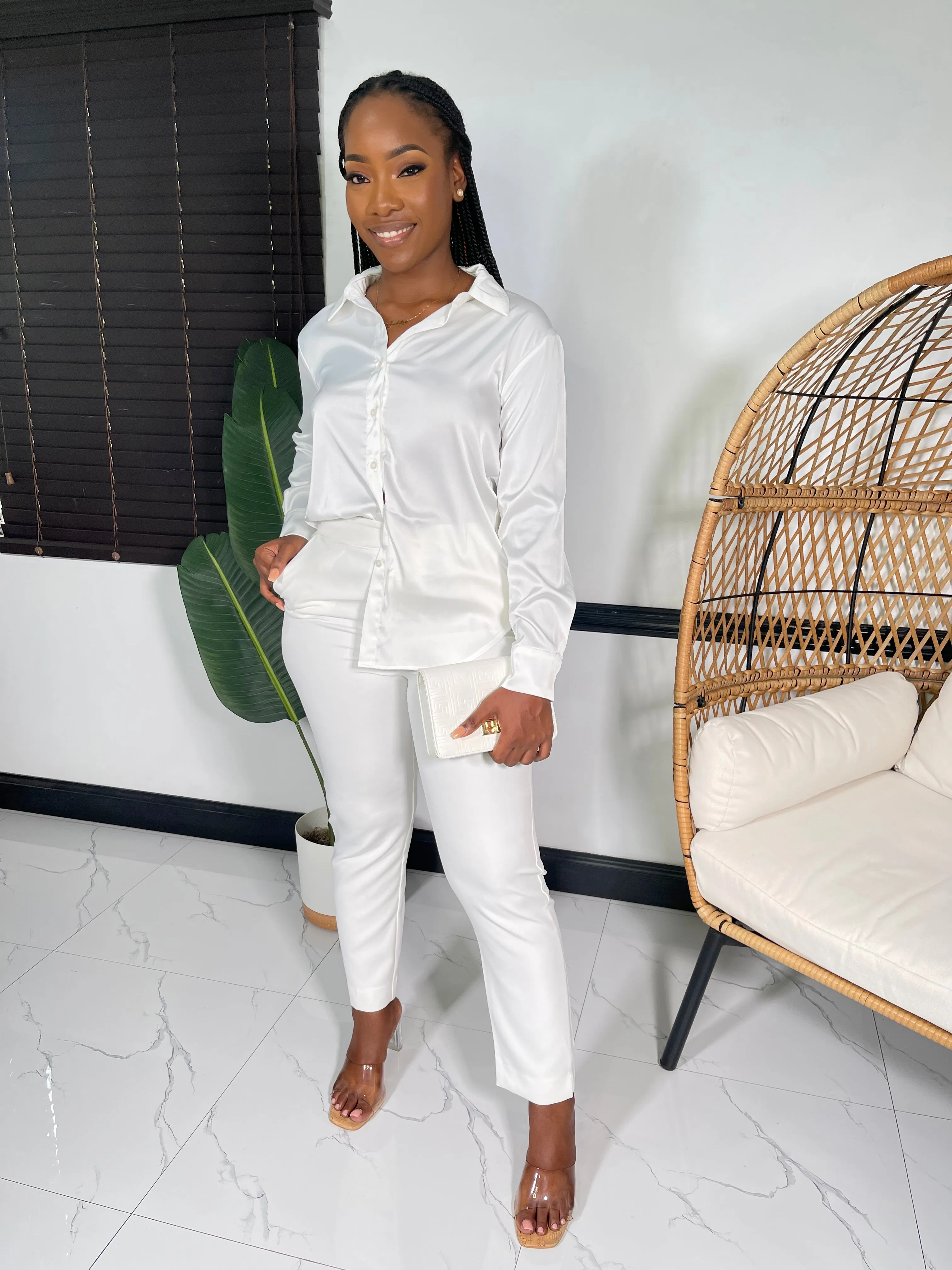 Nova Satin Button Front Shirt-Ivory(RESTOCKED)