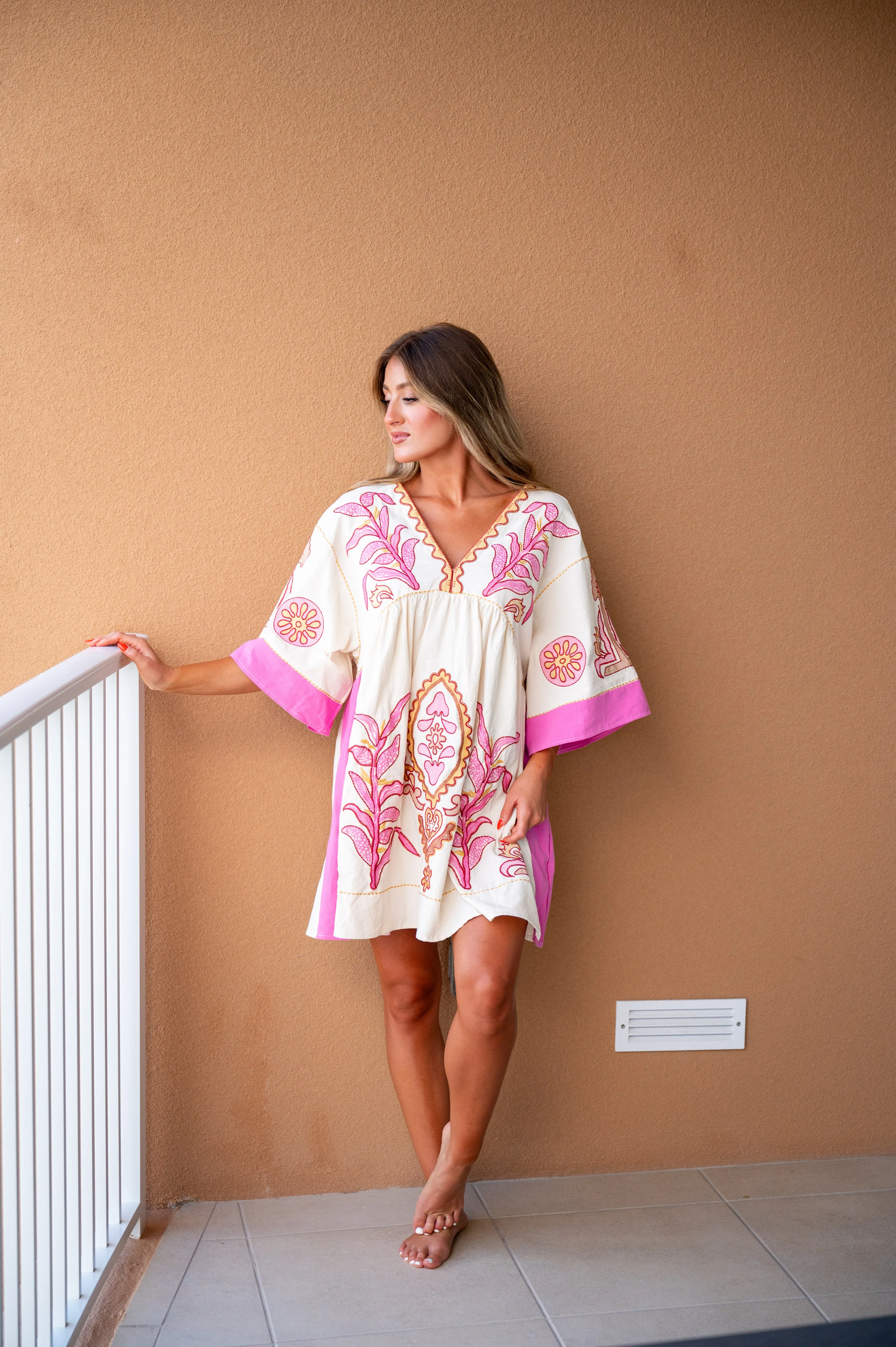 Payton Embroidery Dress-Cream/Pink