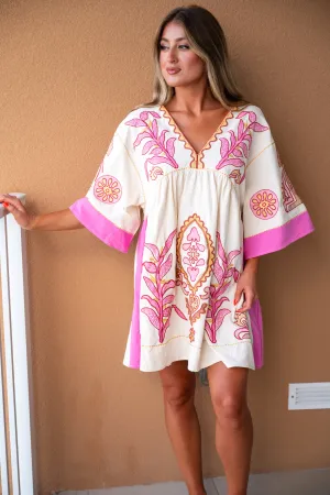 Payton Embroidery Dress-Cream/Pink