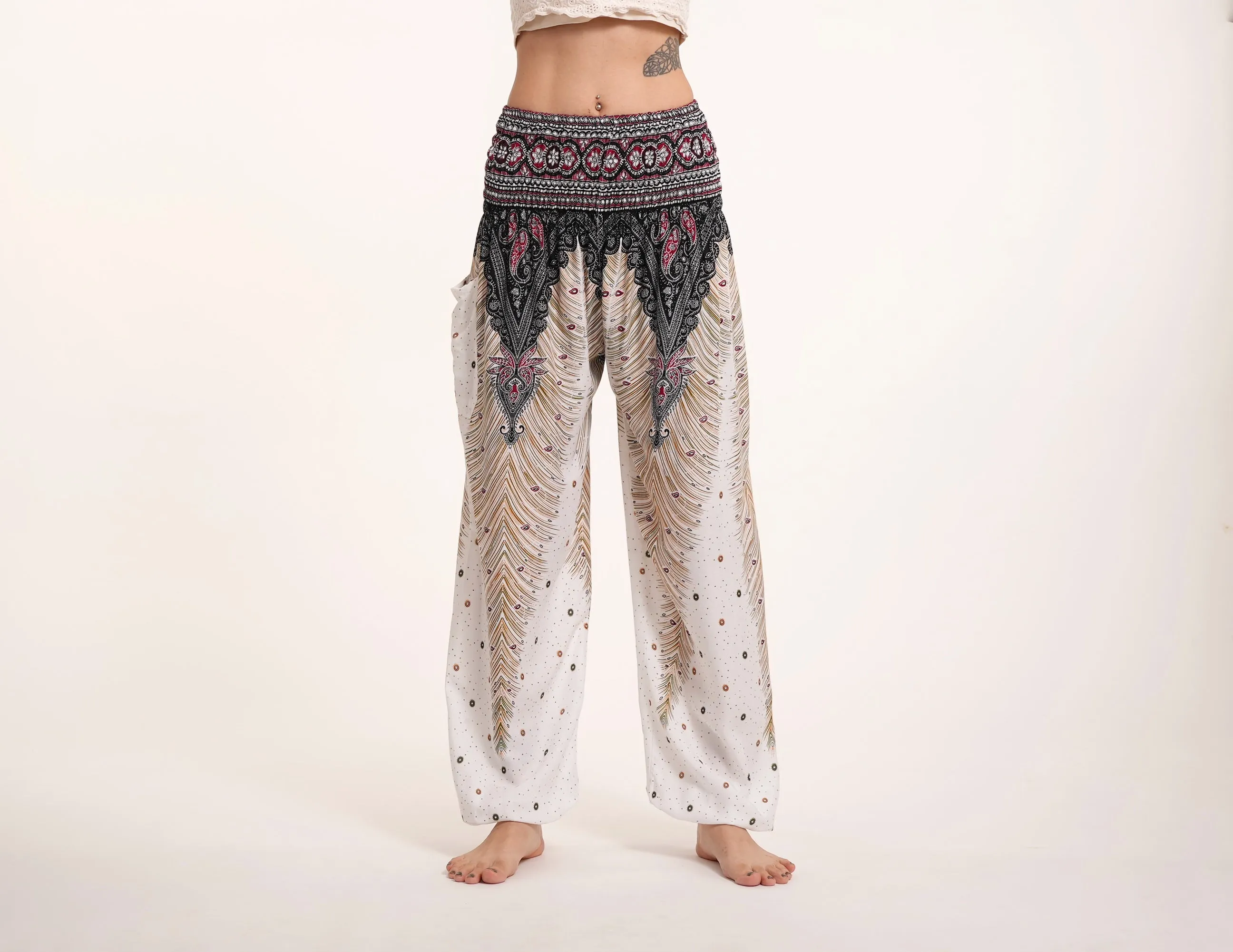 Peacock Feathers Unisex Harem Pants in White
