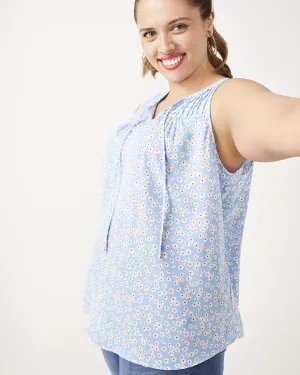 Penny Sleeveless Printed Pintucked Top | Light Blue / Ivory