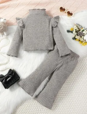 Plush - Shoulder Frill Style Ribbed Knit Basic Set - Grey