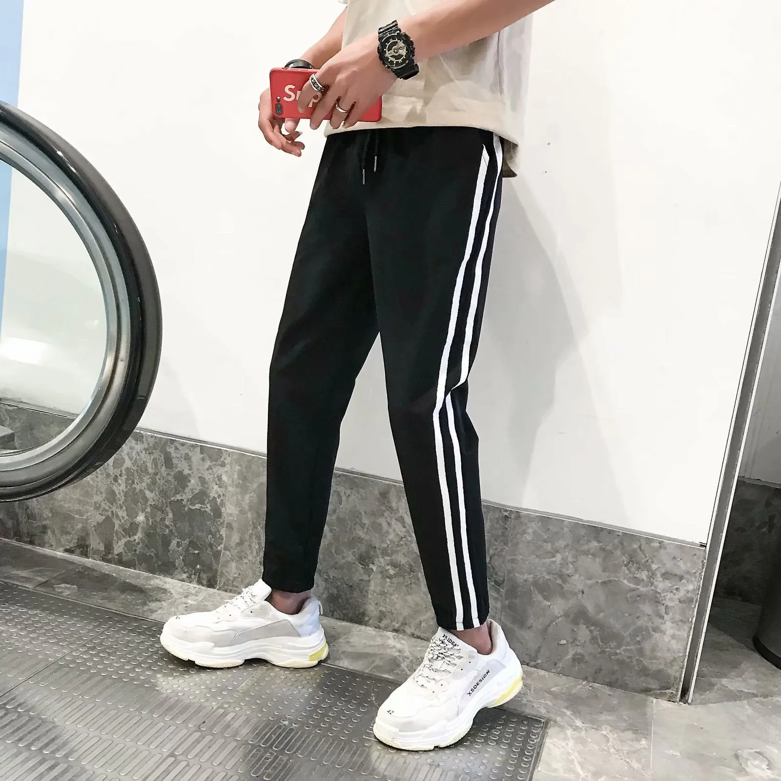 Slim Look Solid Colored Fit Ankle-Length Pants Trendy Two Bar Pants