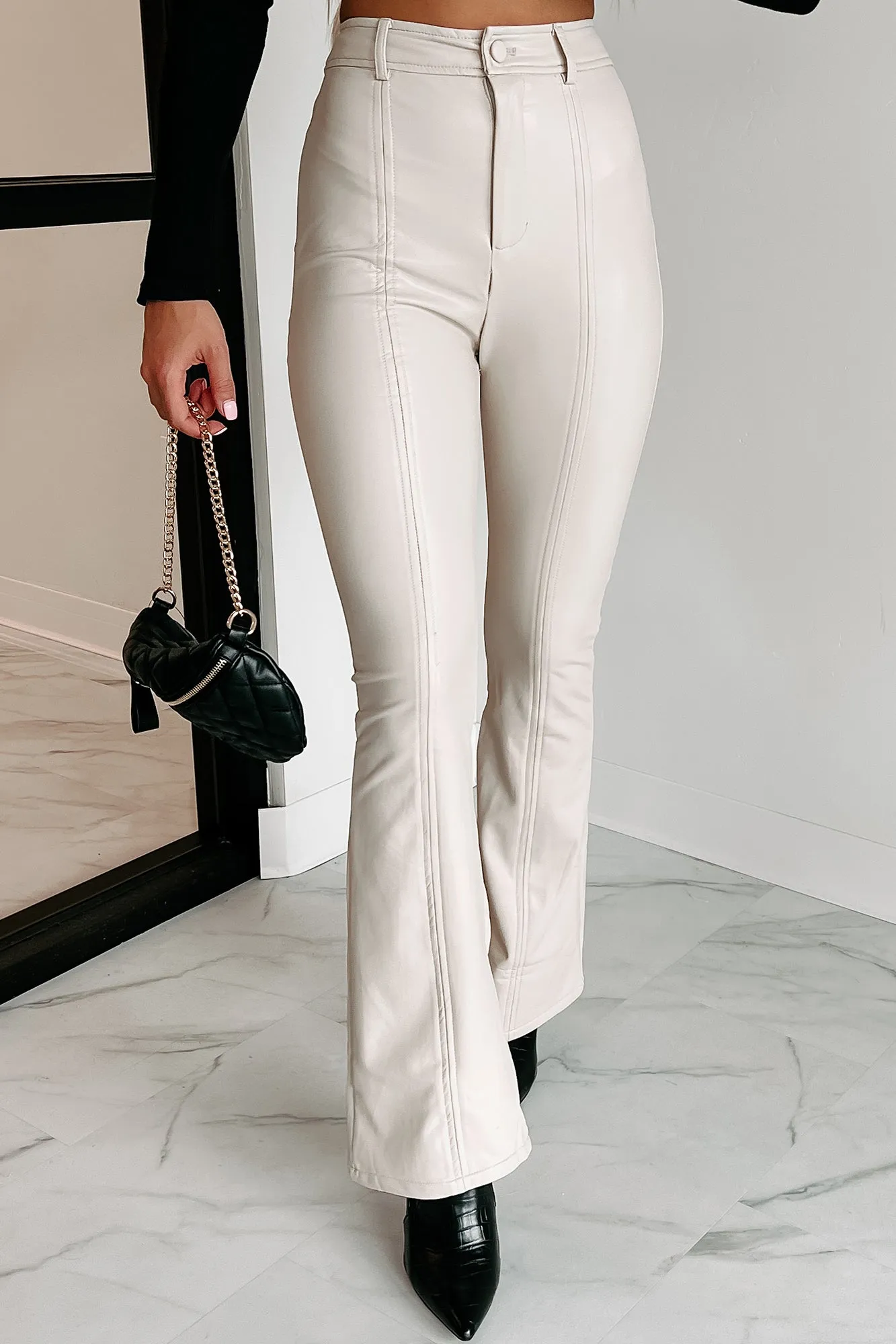 Staying Trendy Faux Leather Flare Pants (Beige)