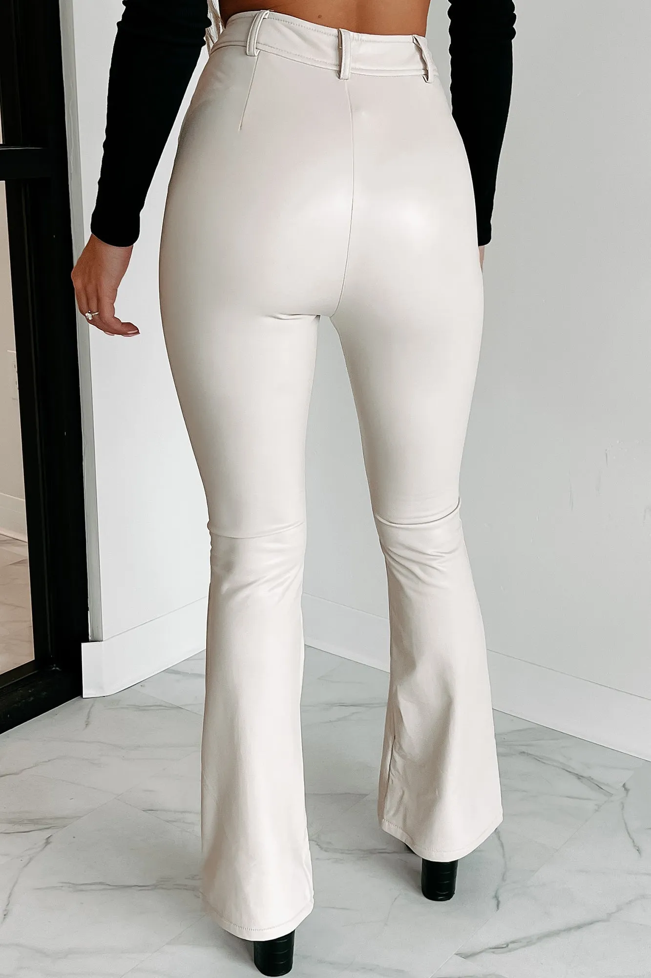 Staying Trendy Faux Leather Flare Pants (Beige)