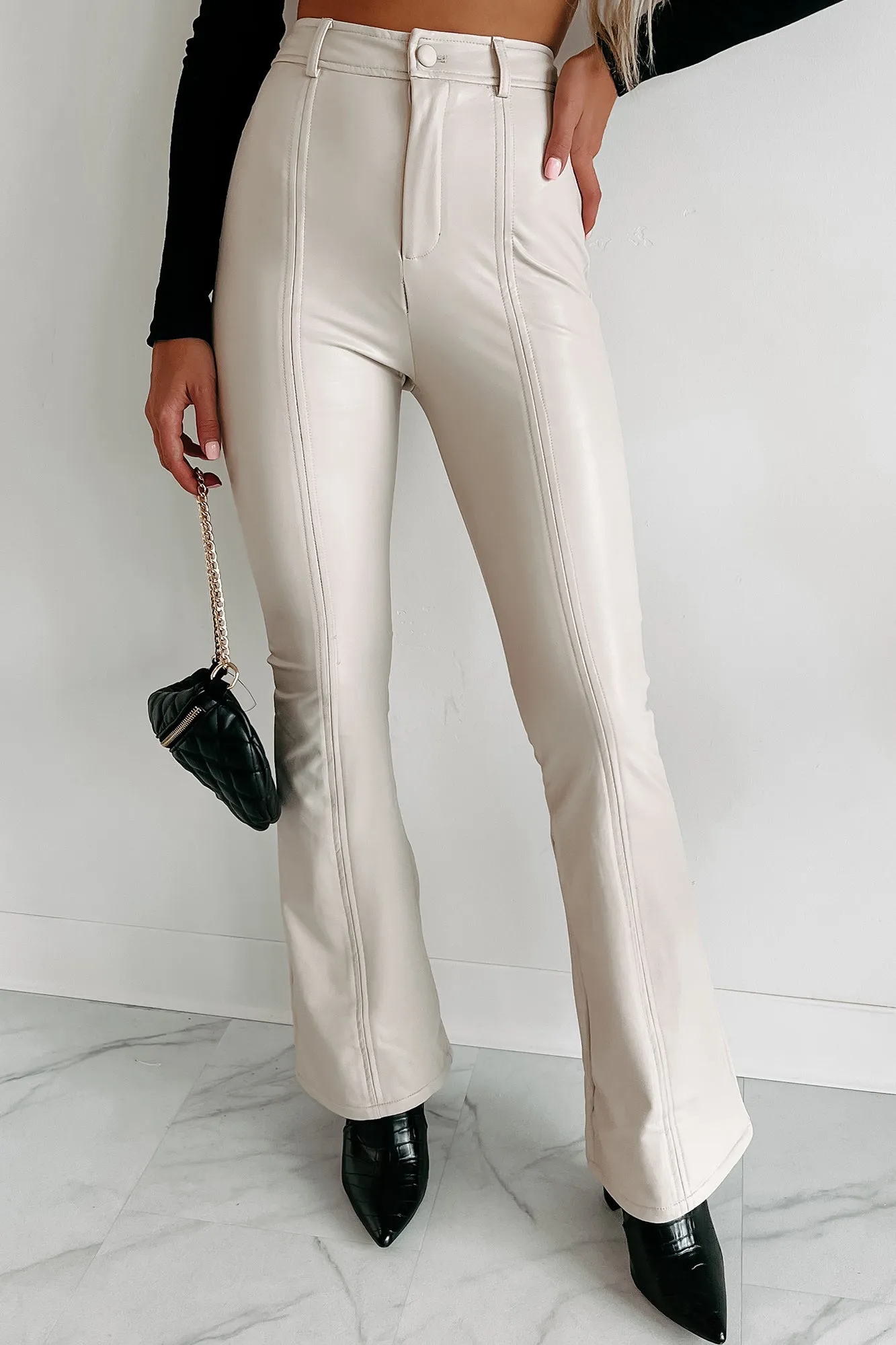 Staying Trendy Faux Leather Flare Pants (Beige)