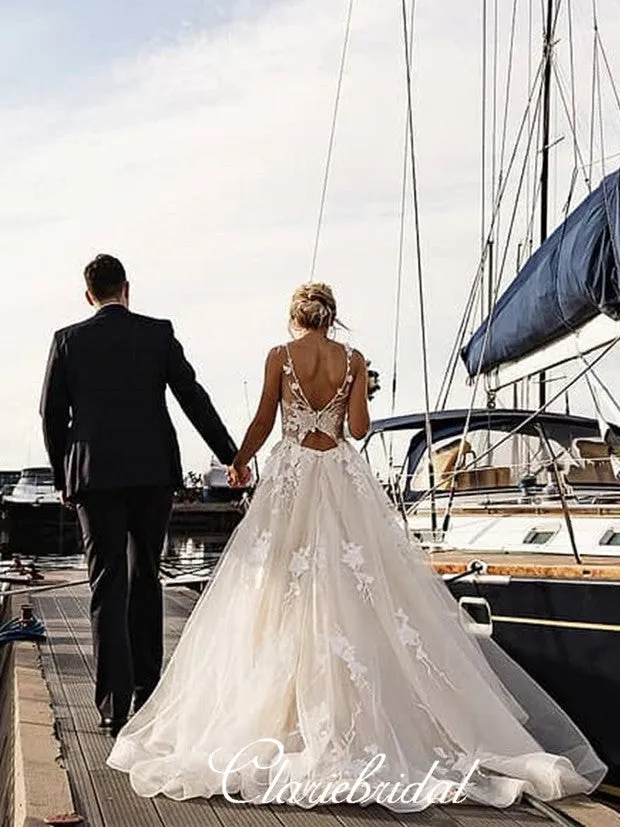 V-neck A-line Lace Tulle Rmantic Chic Long Wedding Dresses