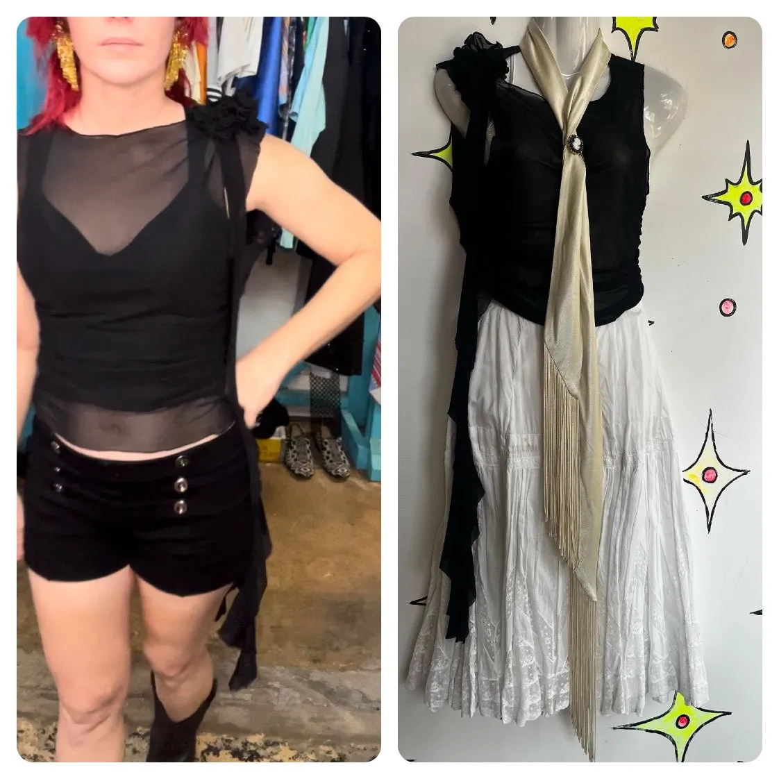 Vintage Y2K | Black Sheer Mesh Grunge Fairy Top Blouse | Size S