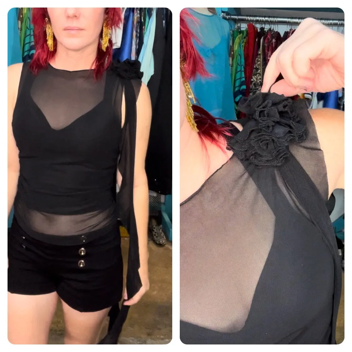 Vintage Y2K | Black Sheer Mesh Grunge Fairy Top Blouse | Size S