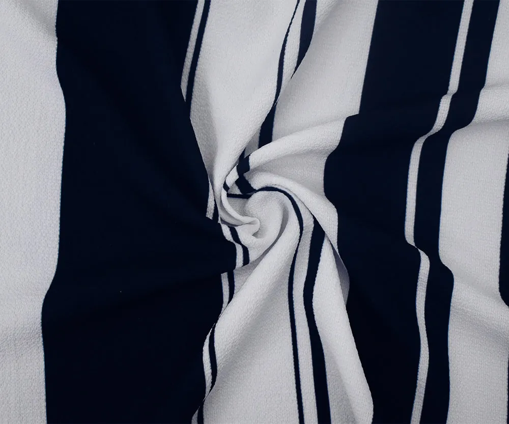 White-Deep Navy Stripe Printed Stretch Poly Spandex Crinkle Crepe Woven Fabric