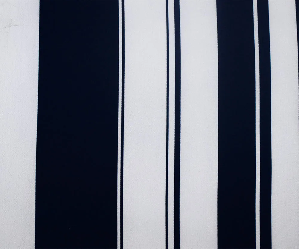 White-Deep Navy Stripe Printed Stretch Poly Spandex Crinkle Crepe Woven Fabric