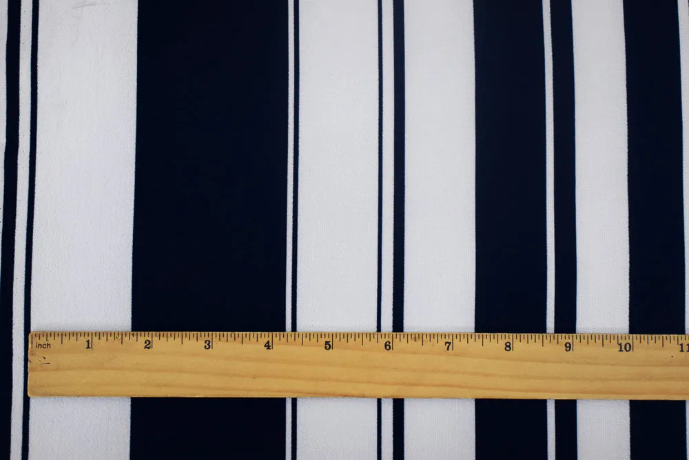 White-Deep Navy Stripe Printed Stretch Poly Spandex Crinkle Crepe Woven Fabric