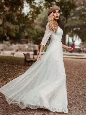 Women's V-Neck Lace Wedding Guest Dresses for Women with 3/4 Sleeve